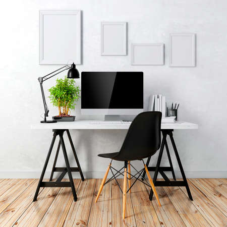 3d modern computer workplaceの写真素材
