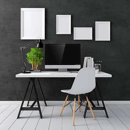 3d modern computer workplaceの写真素材