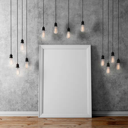 3d blank poster and light bulbsの写真素材
