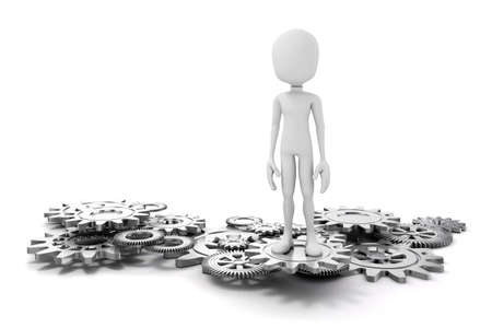 3d man and gear wheels on white backgroundの写真素材