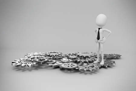 3d man and gear wheels on white backgroundの写真素材