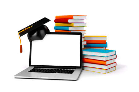 3d laptop and books on white background