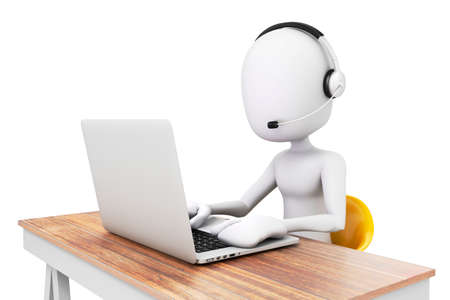 3d man and laptop, call center business conceptの写真素材