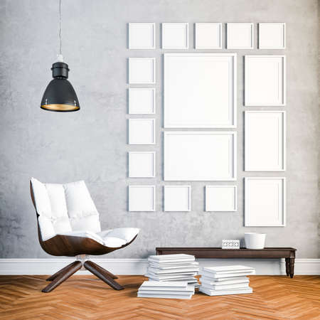 3d render of beautiful clean interior with blank frames and wooden floor