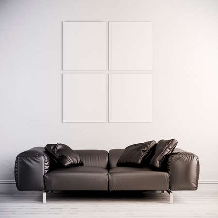 3d interior render  with leather couch and blank frame on white wall