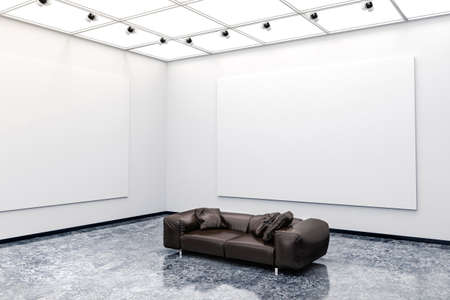 3d modern interior gallery with white walls and canvasの写真素材