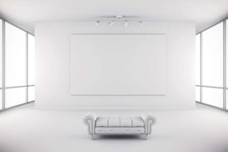 3d modern interior gallery with white walls and canvas