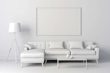 3d render of beautiful clean interior with couch and floor lamp