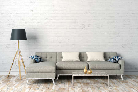3d render of beautiful clean interior with couch and floor lamp