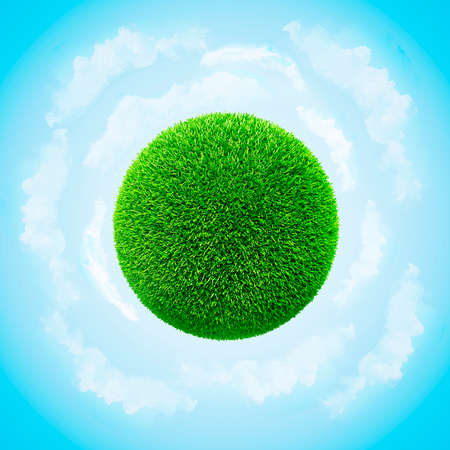 3d grass sphere and round blue sky backgroundの写真素材