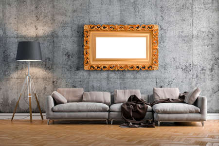 3d render of beautiful clean interior with couch and floor lampの写真素材