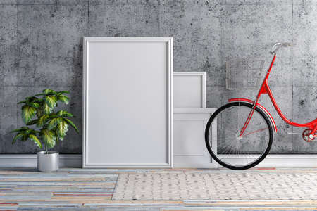 3d interior with blank frame and bicycle