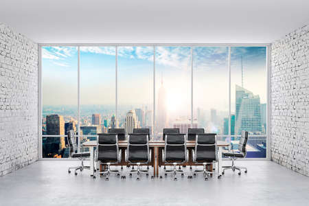 3d conference office with a big window and white brick wallsの写真素材