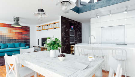 3d render image of beautiful white interior room, scandinavian style, open space