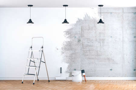3d interior room with blank wall ready to be paintedの写真素材