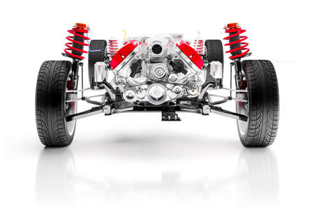 3d car chassis with motor, wheels and suspension, on white background