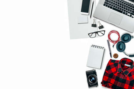Hipster, designer workplace with laptop, photo camera and other accesories