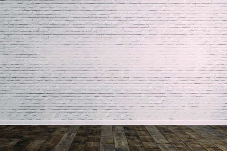 3d room with white brick wall and wooden floor