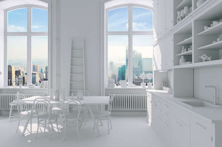 3d render of beautiful kitchen with two big windows