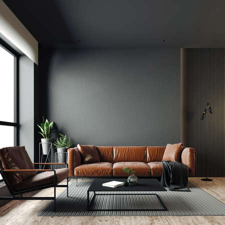 3d render of beautiful interior with dark  gray walls