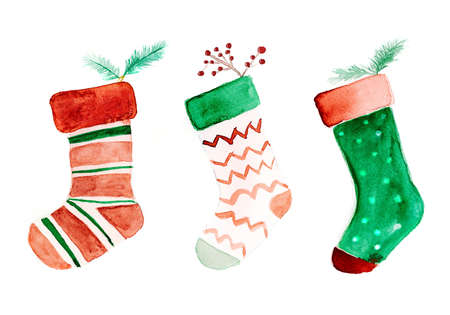Christmas socks hanging on white background. Hand made watercolor painting illustration.