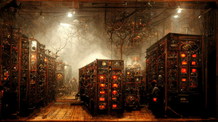 Power plant, facility, futuristic llaboratory in cyberpunk style, golden style, mad doctor scientist...
