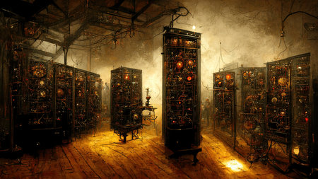 Power plant, facility, futuristic llaboratory in cyberpunk style, golden style, mad doctor scientist facility for use in book content, magazine, movies or games, beautiful grunge, steampunk.の写真素材