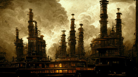 Power plant, facility, futuristic llaboratory in cyberpunk style, golden style, mad doctor scientist facility for use in book content, magazine, movies or games, beautiful grunge, steampunk.の写真素材