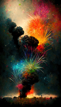 beautiful fireworks on dark sky, big party and colorful explosions of colors