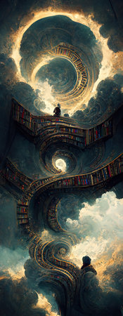 Fantasy library with spiral stairs to the sky. Generative Aiの素材