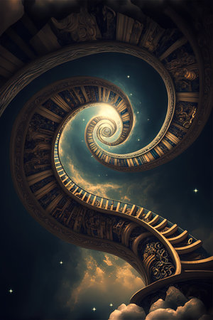 Fantasy library with spiral stairs to the sky. Generative Aiの素材
