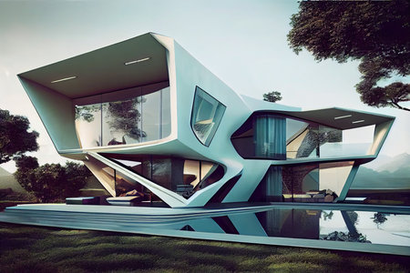 Beautiful luxurious house exterior. Architecture study design. Generative Aiの素材