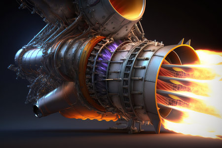 3d illustration of a jet engine with fire and smoke in itの素材