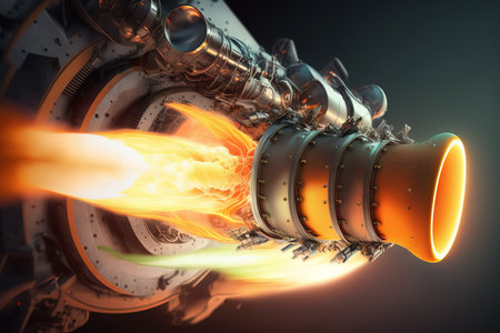 3d illustration of a jet engine with fire and smoke in itの素材