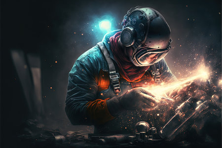 Man worker, welding some steel, in protective suit and helmet, Generative Ai. Fictional person.の素材