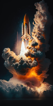 Rocket launch into space, with heavy smoke and flames, epic image, Generative Aiの素材
