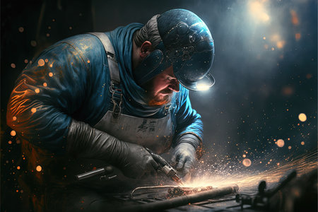 Man worker, welding some steel, in protective suit and helmet, Generative Ai. Fictional person.の素材