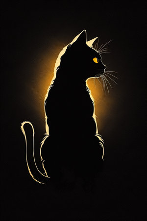 Black cat silhouette  on black backgorund, beautiful illustration, Generative Aiの素材