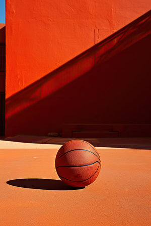 Basketball ball on the court with red wall and shadow in the backgroundの素材