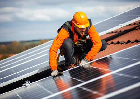 Photovoltaic technician working on a photovoltaic plantの素材