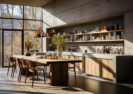 A stunning and luxurious kitchen. Home interior with industrial design elements. Generative AI.の素材