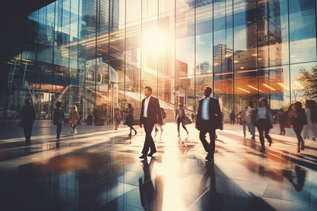 Blurred people in motion in a big city,  cityscape, capturing the energy of urban life in motion. Dynamic city scenes. Generative AI.の素材