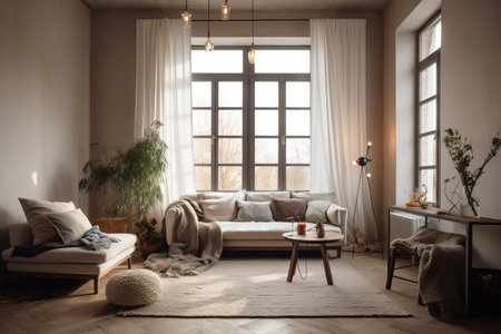 Beautiful bright, cosy scandinavian style interior, Generative Aiの素材