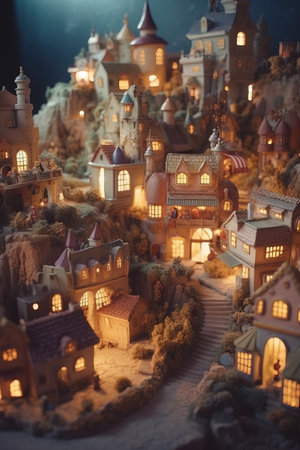 Beautiful illustration of a fairytale village, magic world, cartoon drawing. Generative Aiの素材