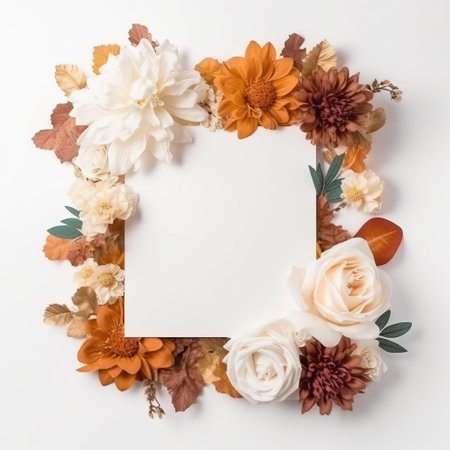 Picture frame mock up, with flowers  and small decorations. Generative Ai.の素材
