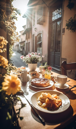 Luxury breakfast in a village, with beautiful sunlights. Generative Aiの素材