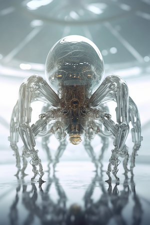 Alien cybernetic life form, in white glossy material and transparent reflective glass, with intricate parts, Generative Ai.の素材