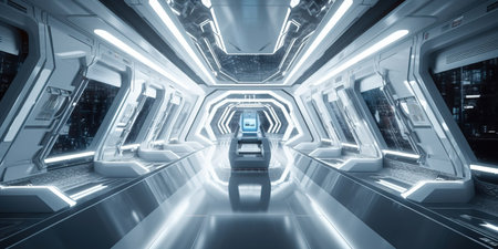 Beautiful design , sci-fi corridor in a space ship or futuristic structure with glossy reflective walls and transparent glass - Generative Aiの素材