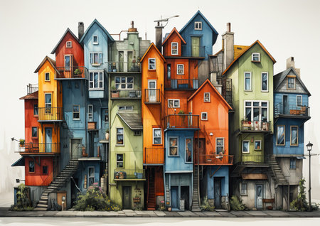 Colorful cartoon illustration houses in a rowの素材