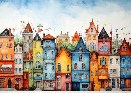 Colorful cartoon illustration houses in a rowの素材